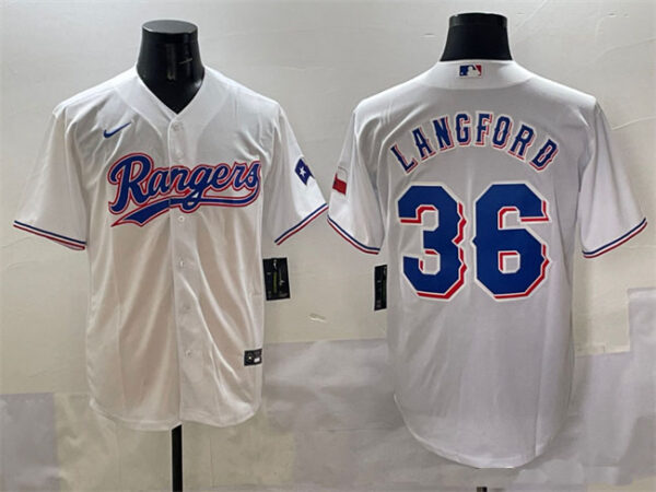 Men's Texas Rangers #36 Wyatt Langford White Cool Base Stitched Baseball Jersey