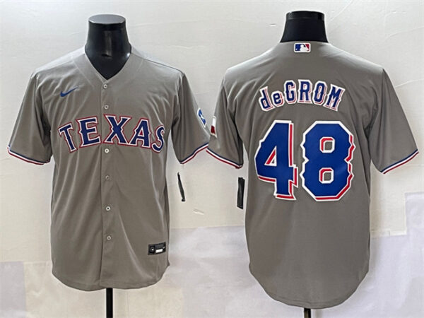 Men's Texas Rangers #48 Jacob DeGrom Grey With Patch Cool Base Stitched Baseball Jersey