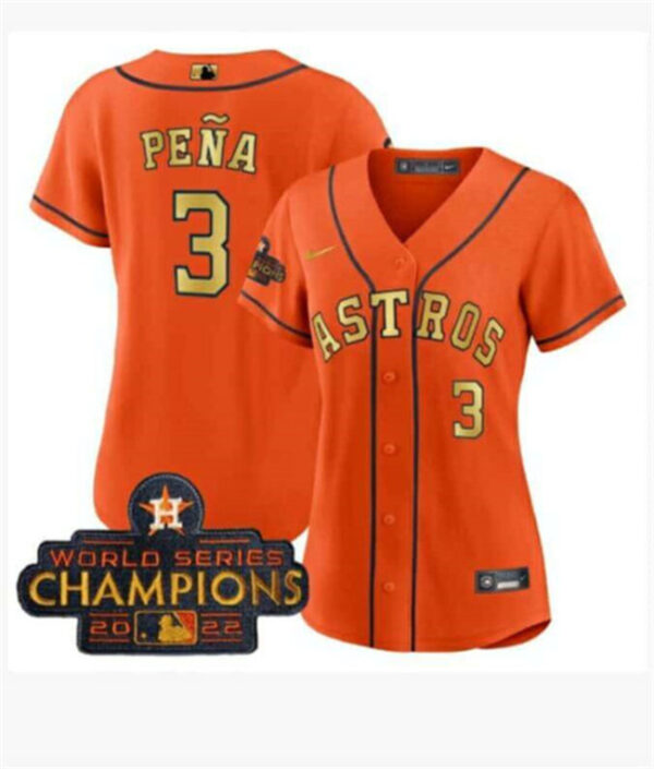 Women's Houston Astros #3 Jeremy Pe?a Orange Gold 2022 World Series Champions Stitched Baseball Jersey(Run Small)