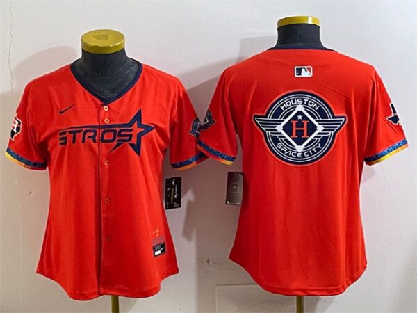 Women's Houston Astros Team Big Logo Orange 2025 City Connect With Texas Patch Limited Stitched Baseball Jersey(Run Small)