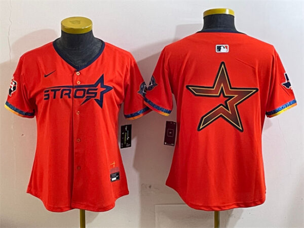 Women's Houston Astros Team Big Logo Orange 2025 City Connect With Texas Patch Limited Stitched Baseball Jersey(Run Small)
