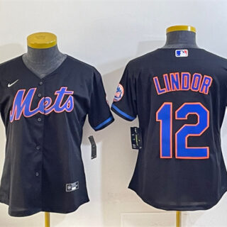 Women's New York Mets #12 Francisco Lindor Black Cool Base Stitched Baseball Jersey(Run Small)