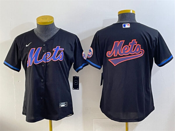 Women's New York Mets Team Big Logo Black Cool Base Stitched Baseball Jersey(Run Small) 1