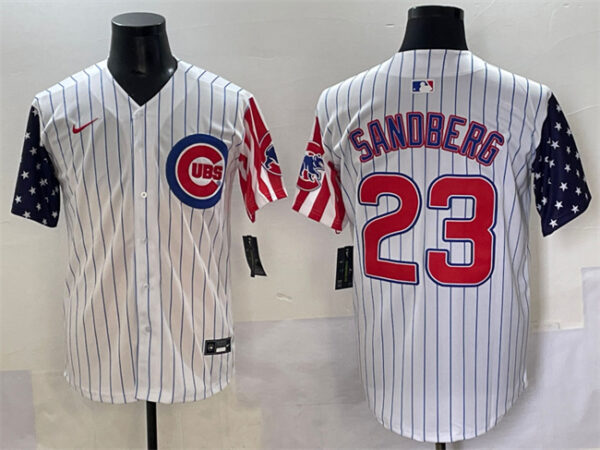 Men's Chicago Cubs #23 Ryne Sandberg White Pinstripe 2025 Independence Day Vapor Premier Limited Stitched Baseball Jersey