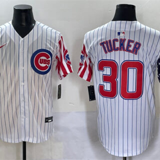 Men's Chicago Cubs #30 Kyle Tucker White Pinstripe 2025 Independence Day Vapor Premier Limited Stitched Baseball Jersey