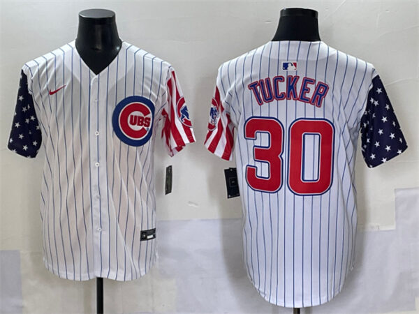 Men's Chicago Cubs #30 Kyle Tucker White Pinstripe 2025 Independence Day Vapor Premier Limited Stitched Baseball Jersey