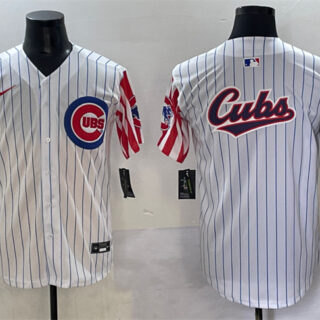 Men's Chicago Cubs Team Big Logo White Pinstripe 2025 Independence Day Vapor Premier Limited Stitched Baseball Jersey