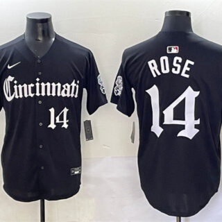 Men's Cincinnati Reds #14 Pete Rose Black 'Gothic Queen City Edition' Vapor Premier Limited Stitched Baseball Jersey
