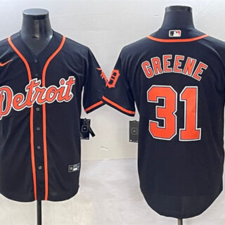 Men's Detroit Tigers #31 Riley Greene Black With Patch Cool Base Stitched Baseball Jersey