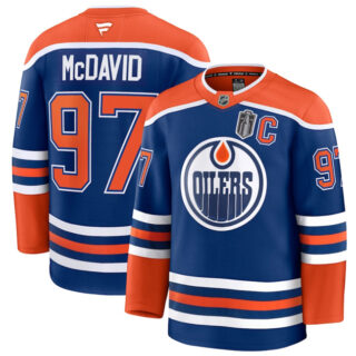 Men's Edmonton Oilers #97 Connor McDavid Royal 2025 Stanley Cup Final Patch And C Patch Stitched Hockey Jersey