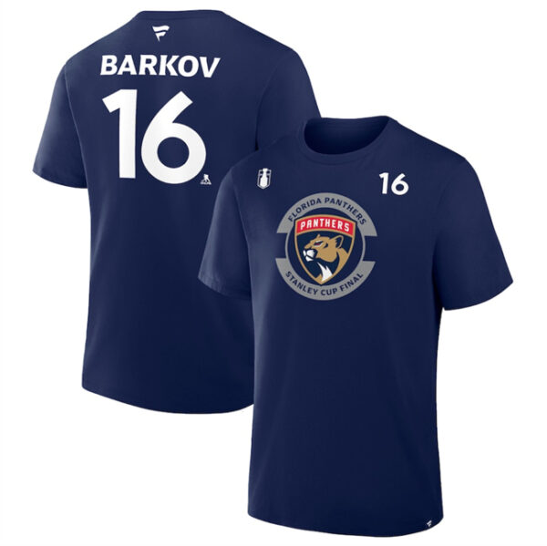 Men's Florida Panthers #16 Aleksander Barkov Navy 2025 Stanley Cup Final Pro Name & Number T-Shirt