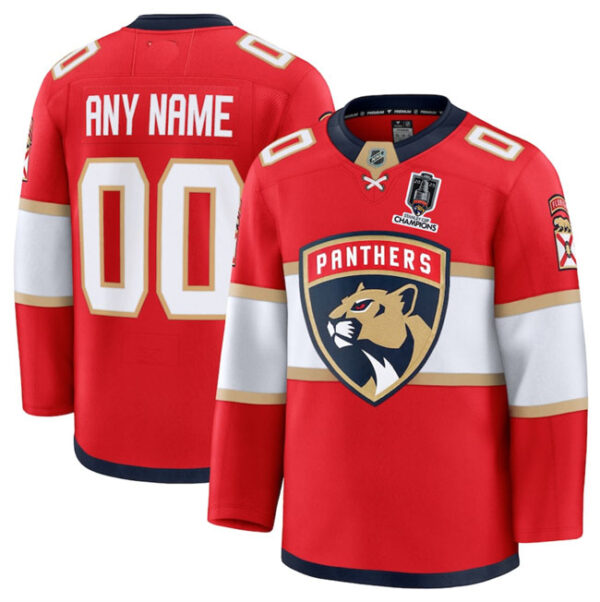 Men's Florida Panthers Custom Red Home 2025 Stanley Cup Champions Patch Stitched Hockey Jersey