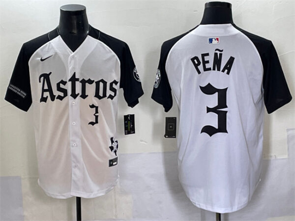 Men's Houston Astros #3 Jeremy Pena White Black Gothic 'Houston Born Barrio Raised' Limited Stitched Baseball Jersey