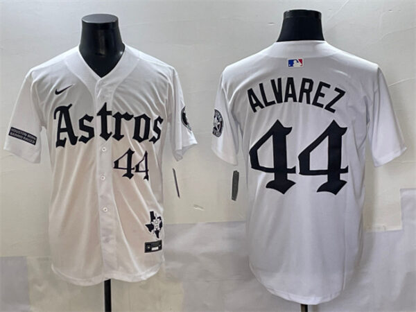 Men's Houston Astros #44 Yordan Alvarez White Gothic 'Houston Born Barrio Raised' Limited Stitched Baseball Jersey