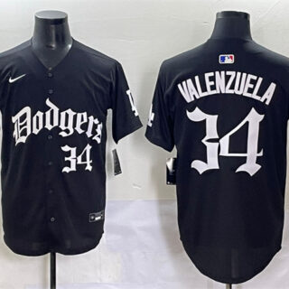 Men's Los Angeles Dodgers #34 Fernando Valenzuela Black 2025 LA Gothic Style With 2024 World Series Champions Patch Vapor Premier Limited Stitched Baseball Jersey