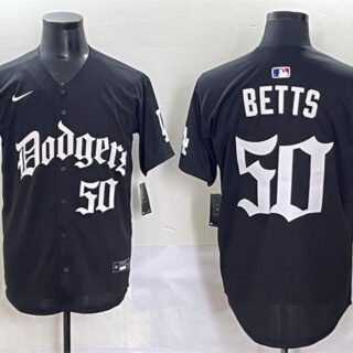 Men's Los Angeles Dodgers #50 Mookie Betts Black 2025 LA Gothic Style With 2024 World Series Champions Patch Vapor Premier Limited Stitched Baseball Jersey