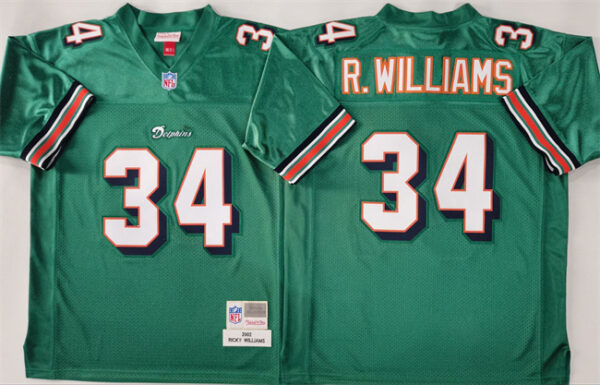Men's Miami Dolphins #34 Ricky Williams Aqua Throwback Stitched Football Jersey