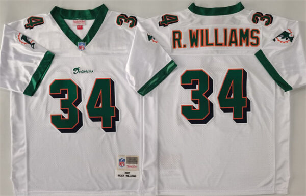 Men's Miami Dolphins #34 Ricky Williams White Throwback Stitched Football Jersey