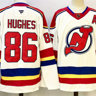 Men's New Jersey Devils #86 Jack Hughes White Red 2024-25 With A Patch Stitched Hockey Jersey