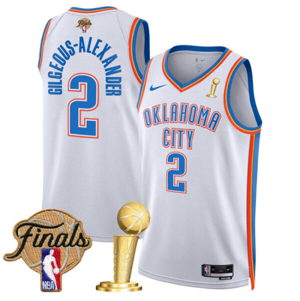 Men's Oklahoma City Thunder #2 Shai Gilgeous-Alexander White 2025 Finals Patch And Finals Champions Patch Association Edition Stitched Basketball Jersey