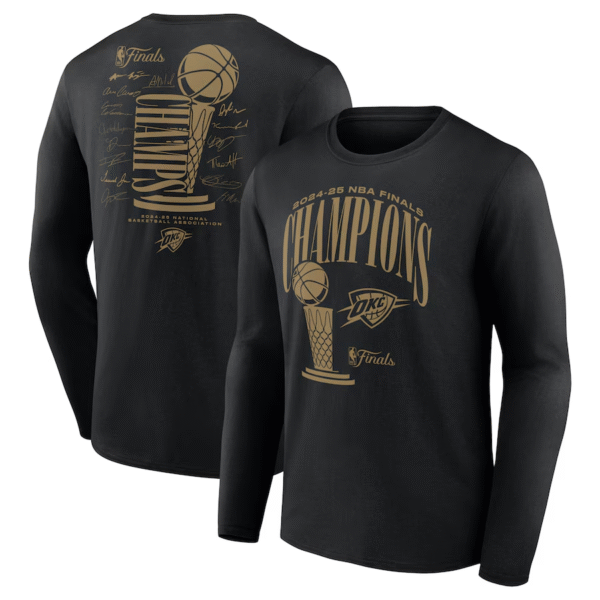 Men's Oklahoma City Thunder Black 2025 Finals Champions Double Dribble Long Sleeve T-Shirt