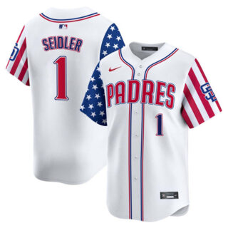 Men's San Diego Padres #1 Peter Seidler White 2025 Independence Day Vapor Premier Limited Stitched Baseball Jersey