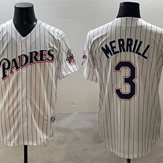 Men's San Diego Padres #3 Jackson Merrill White Throwback With Patch Cool Base Stitched Jersey