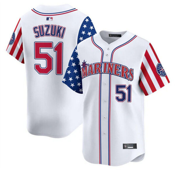 Men's Seattle Mariners #51 Ichiro Suzuki White 2025 Independence Day Limited Stitched jersey