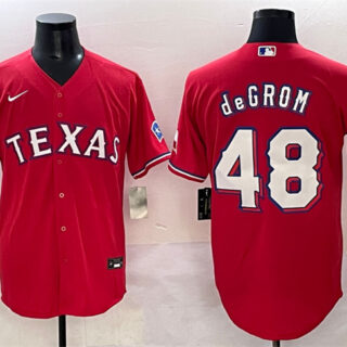 Men's Texas Rangers #48 Jacob DeGrom Red With Patch Cool Base Stitched Baseball Jersey