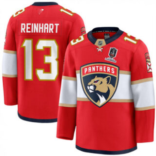 Men's Florida Panthers #13 Sam Reinhart Red Home 2025 Stanley Cup Champions Stitched Hockey Jersey