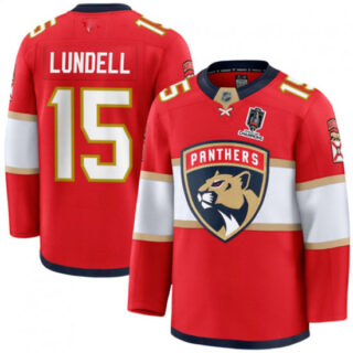 Men's Florida Panthers #15 Anton Lundell Red Home 2025 Stanley Cup Champions Stitched Jersey