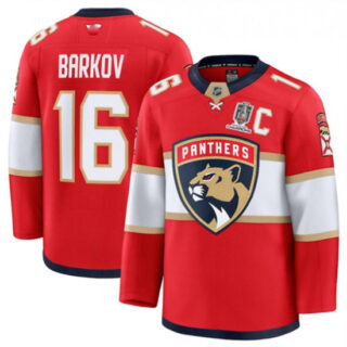 Men's Florida Panthers #16 Aleksander Barkov Red Home 2025 Stanley Cup Champions & C Stitched Hockey Jersey