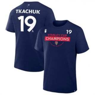 Men's Florida Panthers #19 Matthew Tkachuk Navy 2025 Stanley Cup Champions Pro Name & Number T-Shirt