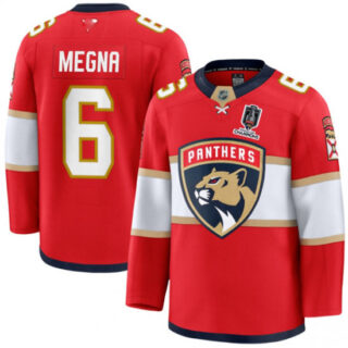 Men's Florida Panthers #6 Jaycob Megna Red Home 2025 Stanley Cup Champions Stitched Jersey