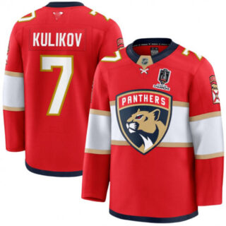Men's Florida Panthers #7 Dmitry Kulikov Red Home 2025 Stanley Cup Champions Stitched Jersey