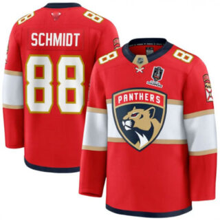 Men's Florida Panthers #88 Nate Schmidt Red Home 2025 Stanley Cup Champions Stitched Jersey