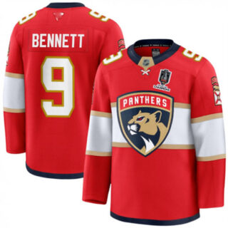 Men's Florida Panthers #9 Sam Bennett Red Home 2025 Stanley Cup Champions Stitched Hockey Jersey