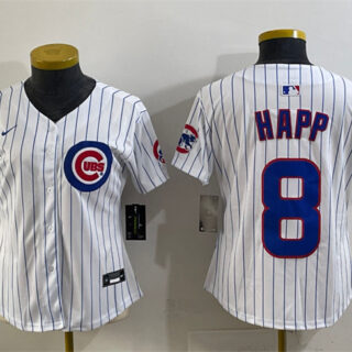 Women's Chicago Cubs #8 Ian Happ White Home Limited Stitched Baseball Jersey(Run Small)