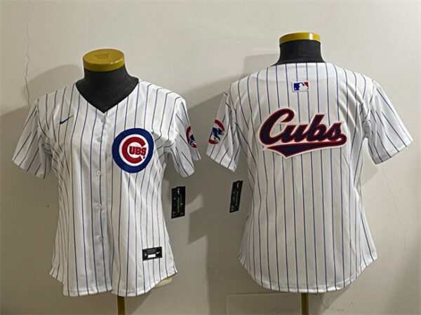 Women's Chicago Cubs Team Big Logo White Home Limited Stitched Baseball Jersey(Run Small)