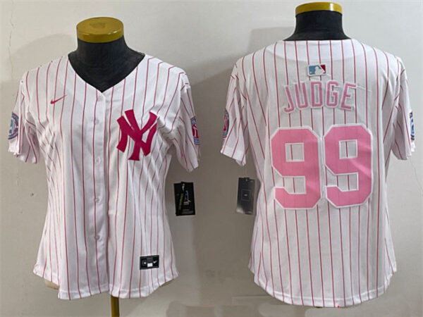 Women's New York Yankees #99 Aaron Judge White Pink Pinstripe Limited Stitched Baseball Jersey(Run Small)