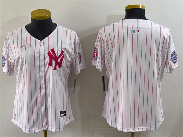 Women's New York Yankees Blank White Pink Pinstripe Limited Stitched Baseball Jersey(Run Small)