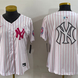 Women's New York Yankees Team Big Logo White Pink Pinstripe Limited Stitched Baseball Jersey (Run Small)