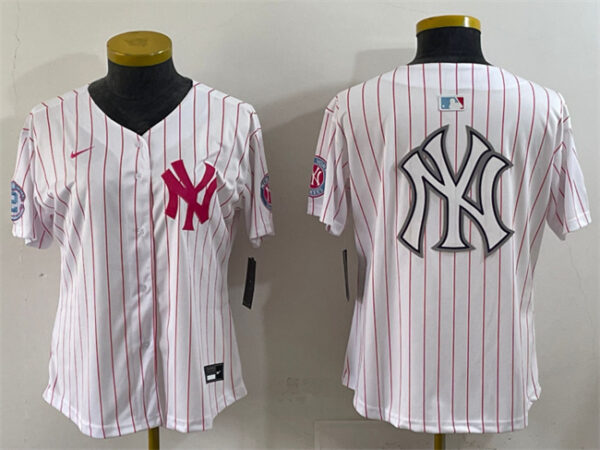 Women's New York Yankees Team Big Logo White Pink Pinstripe Limited Stitched Baseball Jersey (Run Small)