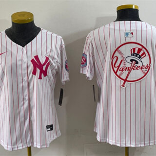 Women's New York Yankees Team Big Logo White Pink Pinstripe Limited Stitched Baseball Jersey (Run Small)