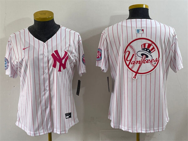 Women's New York Yankees Team Big Logo White Pink Pinstripe Limited Stitched Baseball Jersey (Run Small)