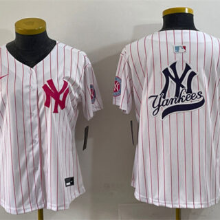 Women's New York Yankees Team Big Logo White Pink Pinstripe Limited Stitched Baseball Jersey (Run Small)