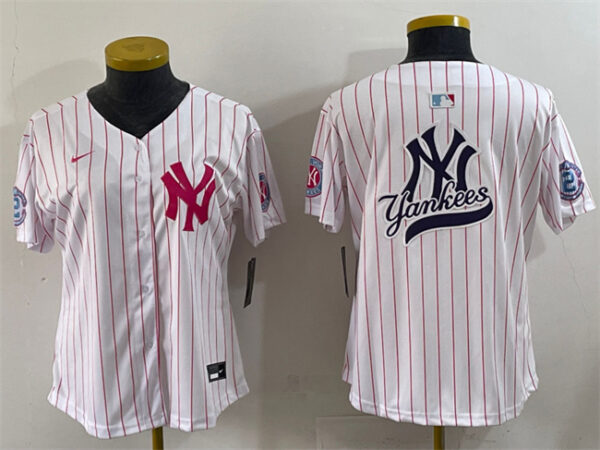 Women's New York Yankees Team Big Logo White Pink Pinstripe Limited Stitched Baseball Jersey (Run Small)