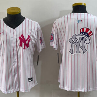 Women's New York Yankees Team Big Logo White Pink Pinstripe Limited Stitched Baseball Jersey (Run Small)