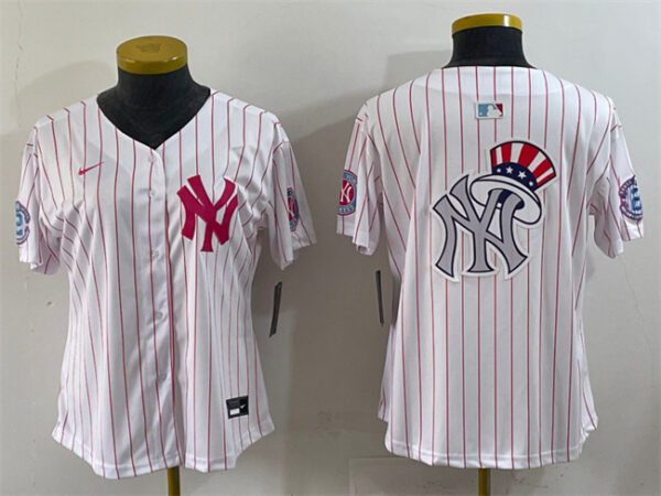 Women's New York Yankees Team Big Logo White Pink Pinstripe Limited Stitched Baseball Jersey (Run Small)