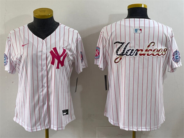 Women's New York Yankees Team Big Logo White Pink Pinstripe Limited Stitched Baseball Jersey Run Small)